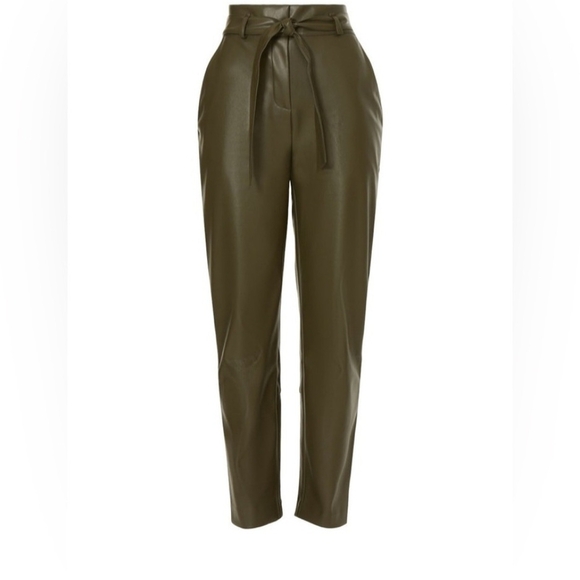 Peter Som Olive Green Faux Leather Paperbag Waist Tie Belt Ankle Length Pants - Picture 5 of 8